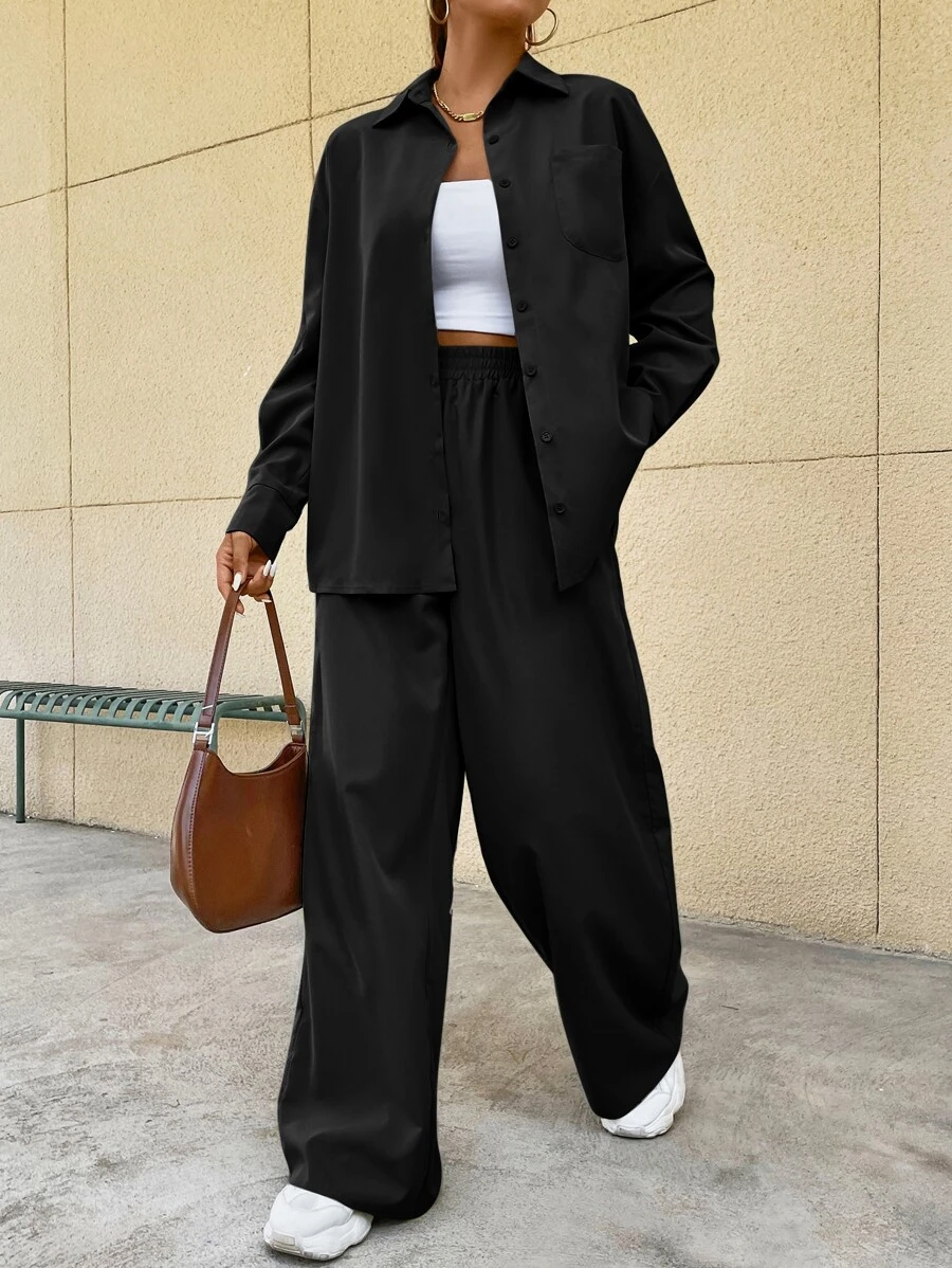 SHEIN EZwear Drop Shoulder Pocket Patched Shirt & Wide Leg Trousers - Black - View 1