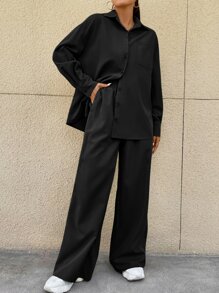 SHEIN EZwear Drop Shoulder Pocket Patched Shirt & Wide Leg Trousers - Black - View 3