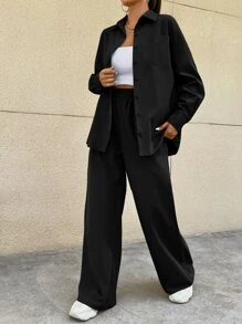SHEIN EZwear Drop Shoulder Pocket Patched Shirt & Wide Leg Trousers - Black - View 4