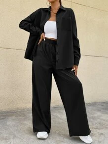 SHEIN EZwear Drop Shoulder Pocket Patched Shirt & Wide Leg Trousers - Black - View 5
