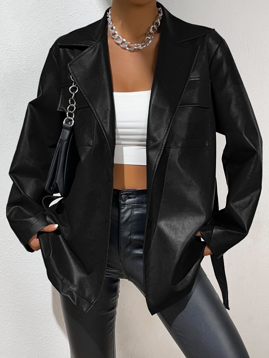 SHEIN EZwear 1 chiếc áo khoác rộng ve trơn màu thời trang, mùa thu - màu đen - Xem 1