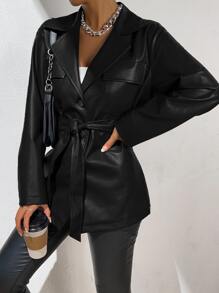 SHEIN EZwear 1 chiếc áo khoác rộng ve trơn màu thời trang, mùa thu - màu đen - Xem 5