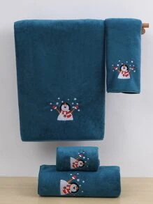 1pc Christmas Snowman Coral Velvet Solid Color Embroidered Bath Towel Or Hand Towel Home Bathroom Decor - Blue - View 4