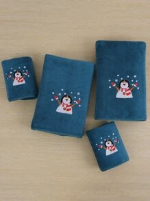 1pc Christmas Snowman Coral Velvet Solid Color Embroidered Bath Towel Or Hand Towel Home Bathroom Decor - Blue - View 2