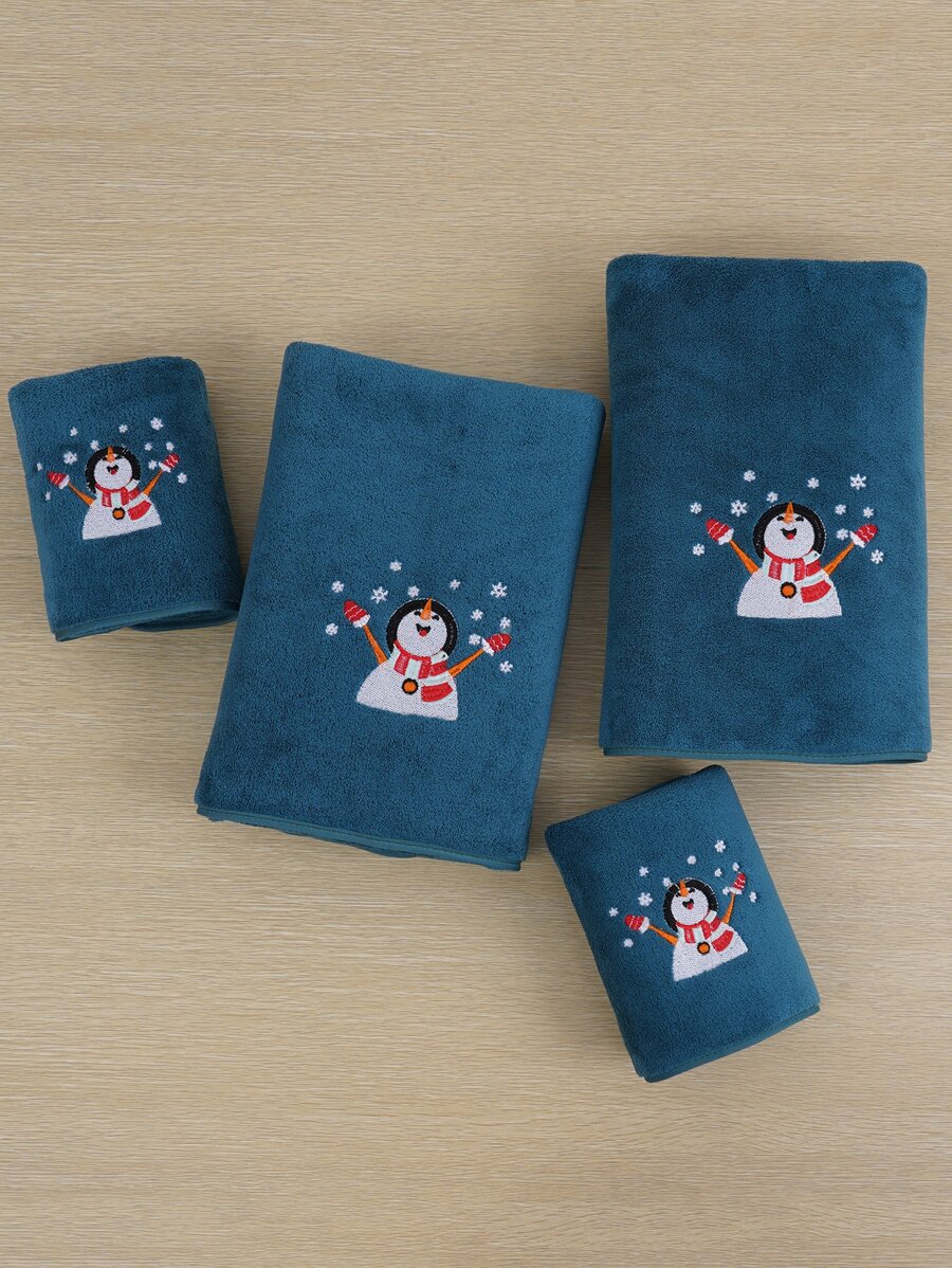 1pc Christmas Snowman Coral Velvet Solid Color Embroidered Bath Towel Or Hand Towel Home Bathroom Decor