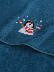 1pc Christmas Snowman Coral Velvet Solid Color Embroidered Bath Towel Or Hand Towel Home Bathroom Decor - Blue - View 6