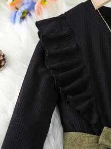 Tween Girl Colorblock Ruffle Trim Belted Dress - Multicolor - View 5