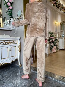 Tie Front Flannelette PJ Set - Khaki - View 2