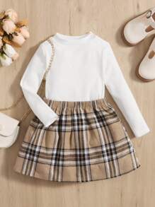 SHEIN Baby Ribbed Knit Tee & Tartan Skirt - Multicolor - View 1