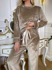 Tie Front Flannelette PJ Set - Khaki - View 5