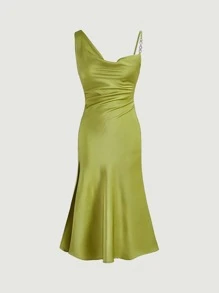 SHEIN MOD Đầm Chuỗi Vắt Xù màu trơn Thanh lịch - Màu xanh chanh - Xem 1