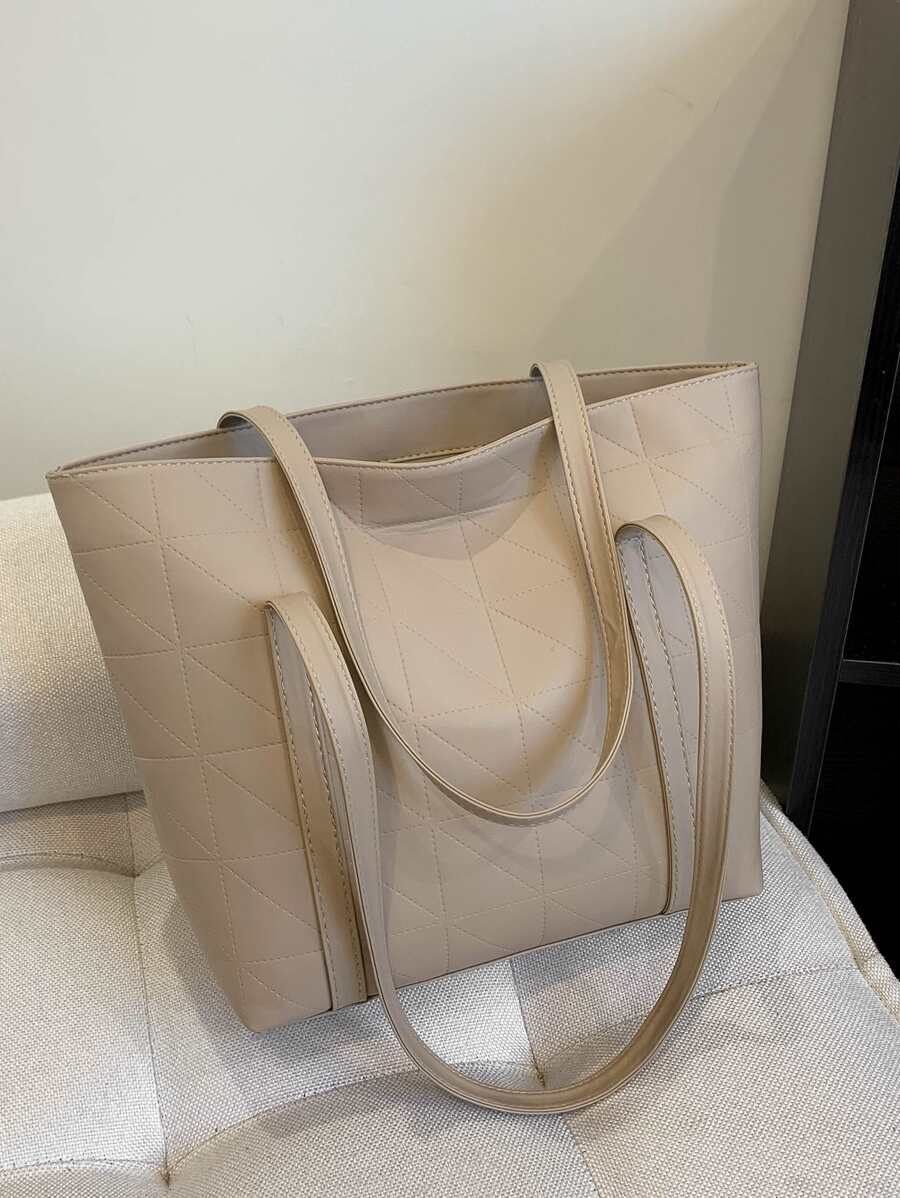 DAZY Fashionable High Capacity Quilted Embossed Plaid Solid Color Shoulder Tote Bag For Women