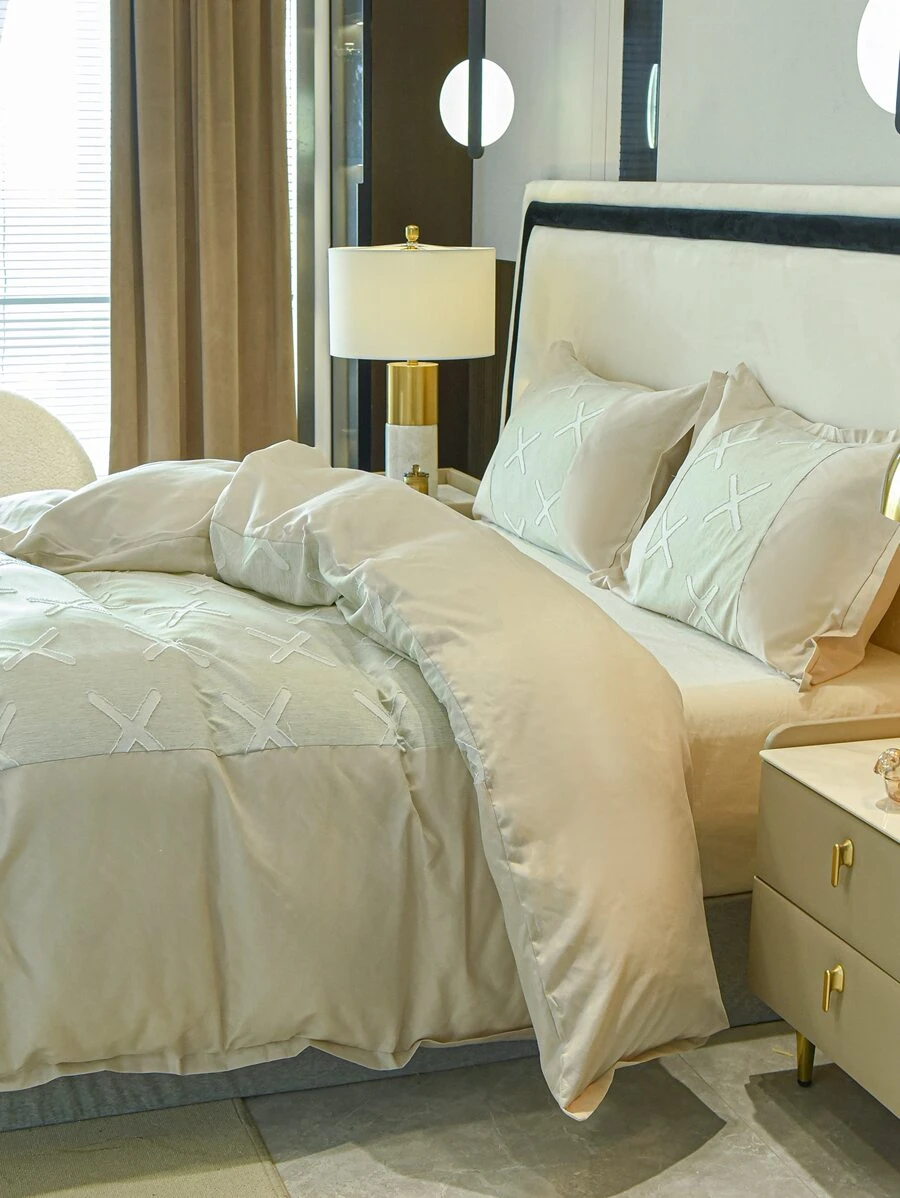 Bộ vỏ chăn có họa tiết hình học không có chất làm đầy - Màu be - Xem 1