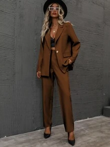 SHEIN Unity Single Button Lapel Collar Blazer & Tailored Trousers - Brown - View 1