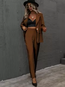 SHEIN Unity Single Button Lapel Collar Blazer & Tailored Trousers - Brown - View 3