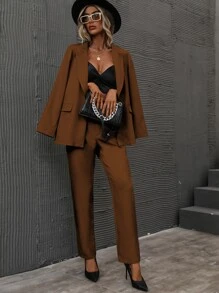 SHEIN Unity Single Button Lapel Collar Blazer & Tailored Trousers - Brown - View 4