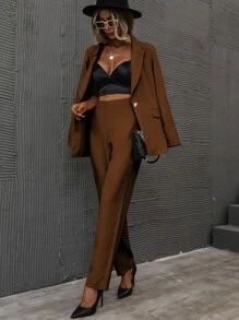SHEIN Unity Single Button Lapel Collar Blazer & Tailored Trousers - Brown - View 5