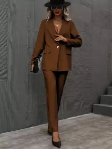 SHEIN Unity Single Button Lapel Collar Blazer & Tailored Trousers - Brown - View 7