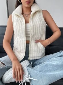 SHEIN EZwear 斜插口袋無袖絨布夾克 - 白色 - 查看 1