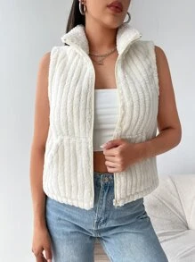 SHEIN EZwear 斜插口袋無袖絨布夾克 - 白色 - 查看 3