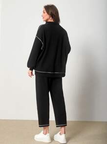Mulvari Top-stitching Drop Shoulder Quarter Zip Sweatshirt & Trousers - Black - View 2