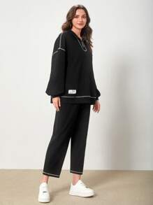 Mulvari Top-stitching Drop Shoulder Quarter Zip Sweatshirt & Trousers - Black - View 3