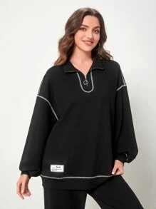 Mulvari Top-stitching Drop Shoulder Quarter Zip Sweatshirt & Trousers - Black - View 5