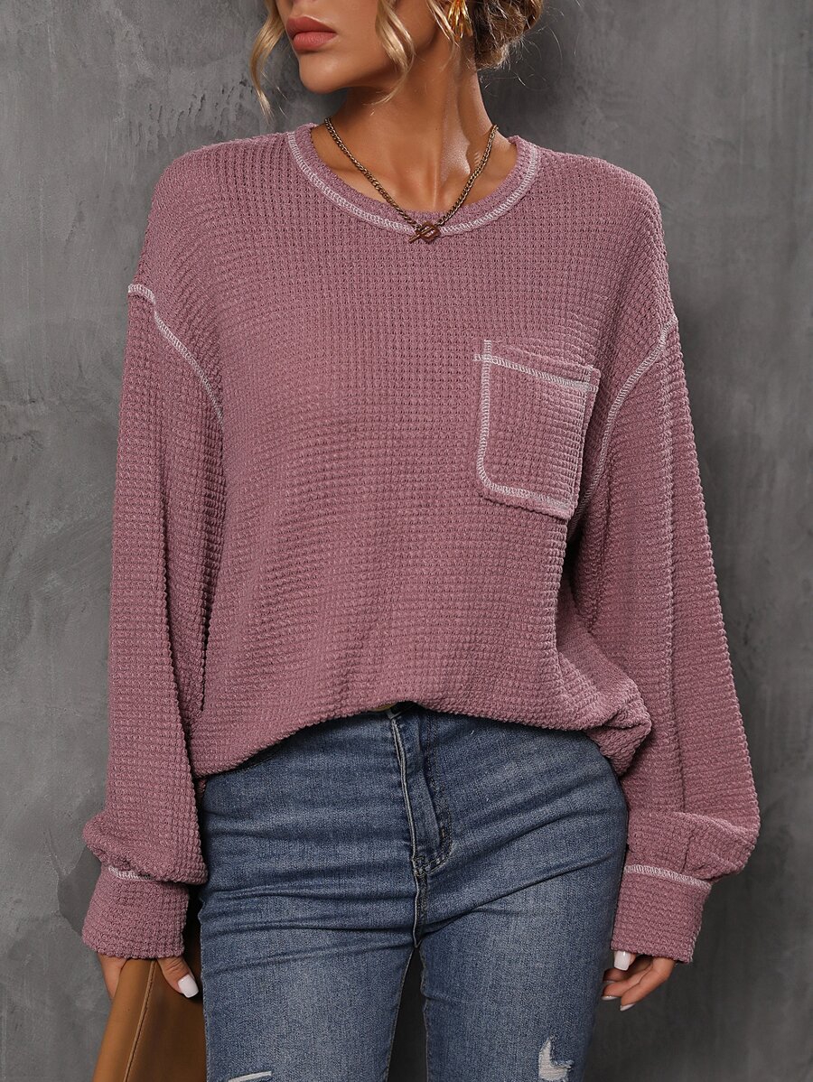 EMERY ROSE 燈籠袖口袋貼布頂針T恤 - 藕粉色 - 查看 1