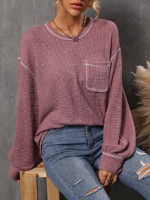 EMERY ROSE 燈籠袖口袋貼布頂針T恤 - 藕粉色 - 查看 3