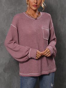 EMERY ROSE 燈籠袖口袋貼布頂針T恤 - 藕粉色 - 查看 6