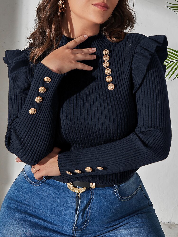 Plus Mock Neck Button Decor Ruffle Trim Sweater, For Winter Knit Pullover Fall