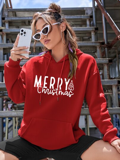 Christmas Letter Graphic Drawstring Drop Shoulder Hoodie Pullover Fall Outfit