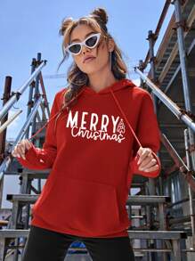 SHEIN Unity Christmas Letter Graphic Drawstring Drop Shoulder Hoodie Pullover Fall - Red - View 3