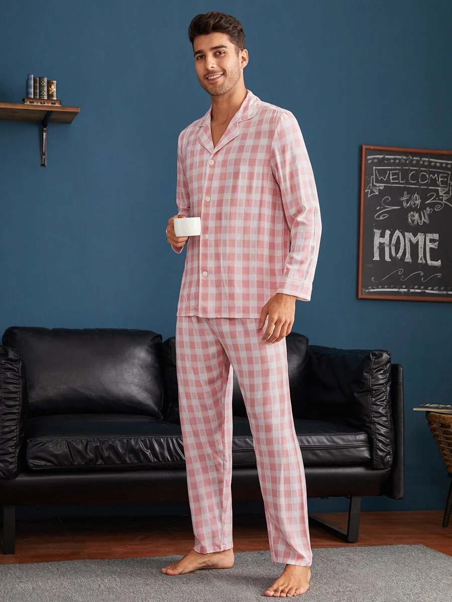 Men Gingham Lapel Neck PJ Set - Baby Pink - View 1