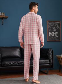Men Gingham Lapel Neck PJ Set - Baby Pink - View 2