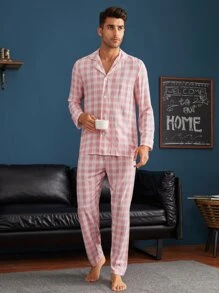 Men Gingham Lapel Neck PJ Set - Baby Pink - View 3