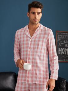 Men Gingham Lapel Neck PJ Set - Baby Pink - View 4