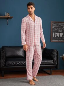 Men Gingham Lapel Neck PJ Set - Baby Pink - View 5