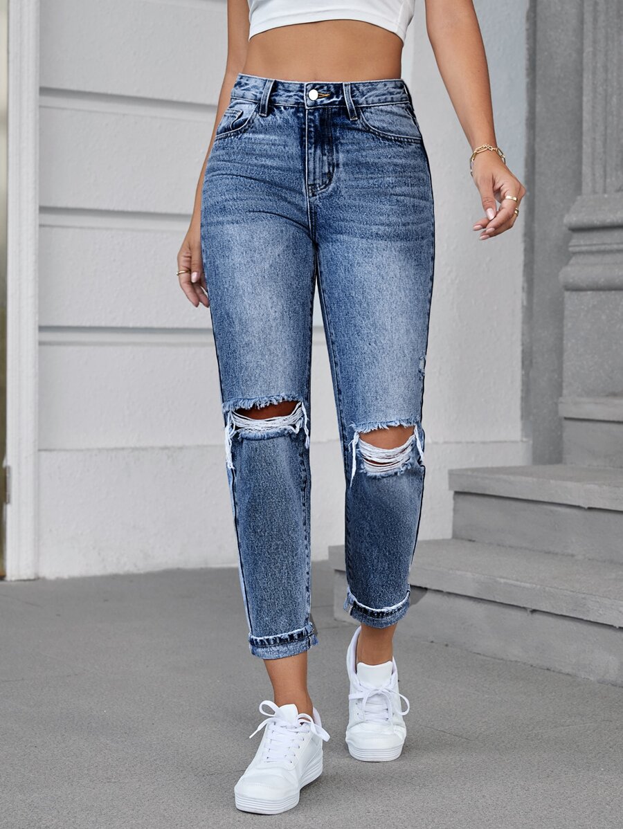 SHEIN EZwear High Waist Ripped Tapered Jeans Without Belt - Medium Wash - View 1