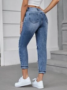 SHEIN EZwear High Waist Ripped Tapered Jeans Without Belt - Medium Wash - View 2