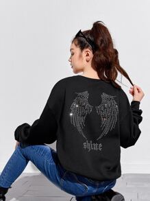 SHEIN 青少年女孩水鑽翅膀和字母圖案運動衫 - 黑色 - 查看 1
