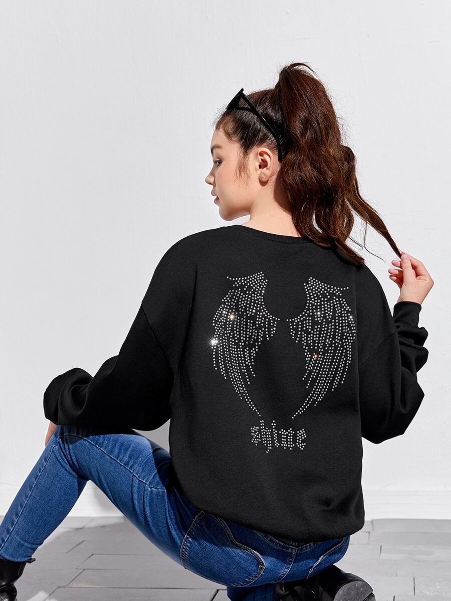 SHEIN 青少年女孩水鑽翅膀和字母圖案運動衫 - 黑色 - 查看 1