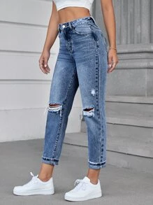 SHEIN EZwear High Waist Ripped Tapered Jeans Without Belt - Medium Wash - View 3