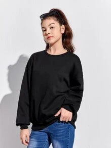 SHEIN 青少年女孩水鑽翅膀和字母圖案運動衫 - 黑色 - 查看 2