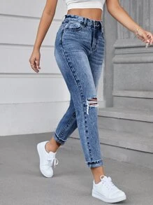 SHEIN EZwear High Waist Ripped Tapered Jeans Without Belt - Medium Wash - View 4