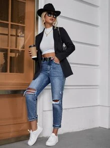 SHEIN EZwear High Waist Ripped Tapered Jeans Without Belt - Medium Wash - View 5