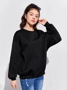 SHEIN 青少年女孩水鑽翅膀和字母圖案運動衫 - 黑色 - 查看 5