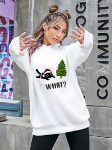 SHEIN EZwear Capucha con estampado de Navidad de hombros caídos con cordón - Blanco - Ver 3