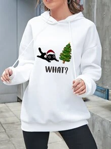 SHEIN EZwear Capucha con estampado de Navidad de hombros caídos con cordón - Blanco - Ver 4