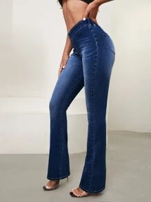 Selenza Washed V-Waist Fitted Flare Jeans Pants - Dark Wash - View 3